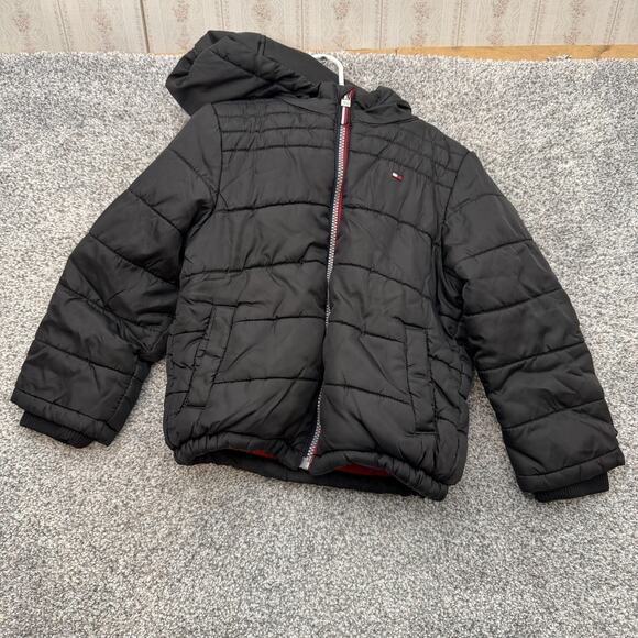 Tommy Hilfiger Jacket Boys 4T Black Hooded Puffer Coat Red Lined Warm Winter - Picture 1 of 12